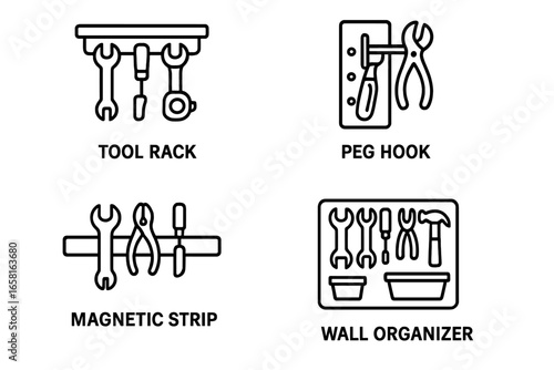 Tool storage outline icon set. Vector symbols for workshop organization. Garage equipment solutions concept. Includes tool rack, peg hook, magnetic strip, and wall organizer.