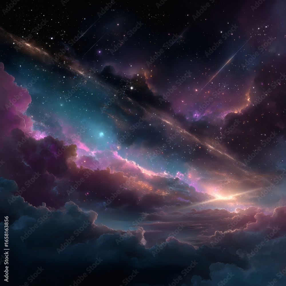 Fototapeta premium Anime-style nebula illustration with vibrant colors, fantasy interstellar background, dreamy anime galaxy painting, glowing cosmic atmosphere, vibrant cel-shaded nebula design, colorful anime-inspired