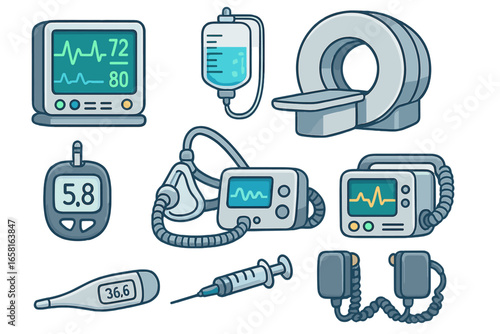 Medical Devices Vector Set for Health Monitoring and Treatment. Cartoon Hospital Equipment Icons Including ECG Monitor, Syringe, Defibrillator, MRI Scanner, Infusion, Thermometer, Glucometer