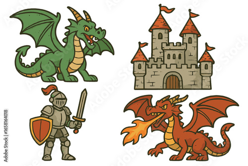 Fantasy medieval icon set with cartoon characters. Vector collection of a dragon, knight in armor, fire-breathing monster, and castle. Vintage illustration for fairy tale or game.