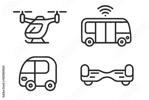 Urban mobility icons. Smart city transport. Flying taxi, autonomous bus, pod transport, hoverboard. Future transportation innovation. Outline vector icon set. Future of traffic.