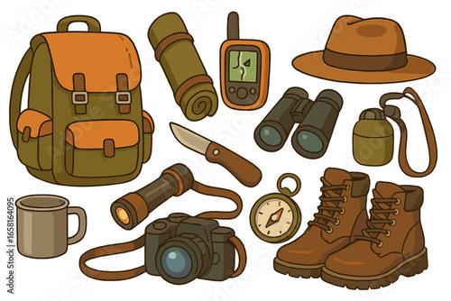 Outdoor adventure equipment and camping gear vector illustration. Hiking backpack, camera, boots, survival knife, compass, binoculars, canteen, flashlight, hat, sleeping bag. Nature exploration.