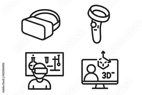 Virtual reality in education outline icon set. VR headset, controller for immersive e-learning. Student in virtual classroom, science lab simulation. 3D modeling, future technology.