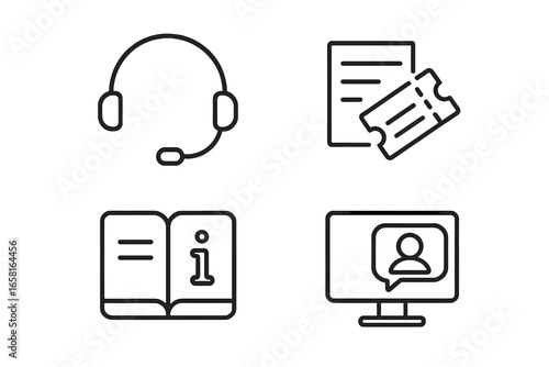 Virtual support icon set. Customer service line icons. Vector symbols for helpdesk, contact us, call center. Headset, ticket, knowledge base, online chat. User assistance.