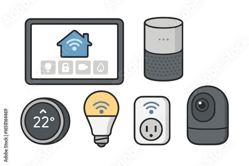 Smart home automation devices illustration, vector set. Connected appliances, wireless technology, security camera, smart thermostat, voice assistant, light bulb, plug, home control panel, modern IoT