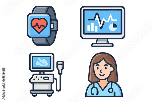 Health technology icon set with smartwatch, ECG monitor, ultrasound machine, and doctor. Vector concepts for medical devices, data analysis, patient care, and modern healthcare.