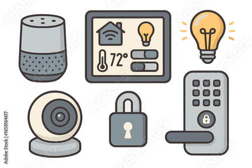 Smart Home Device Vector Collection. Voice Assistants, Security Cameras, Smart Locks, Thermostats, Light Bulbs, and Control Panels for Home Automation Convenience and Modern Technology