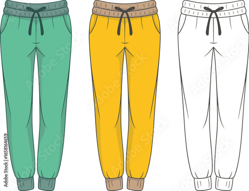 Three pairs of cartoon sweatpants in green yellow and outline trousers casual wear