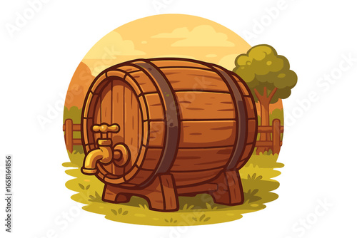 Vector cartoon illustration of a rustic wooden keg with tap. Cask for wine, beer, or alcohol at an outdoor gathering or farm festival. Brewery or winery beverage concept.