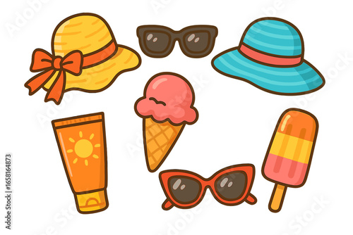 Vibrant summer beach essentials vector illustration with hats, sunglasses, and refreshing treats for a fun sunny day outdoors, colorful cartoon style with transparent background