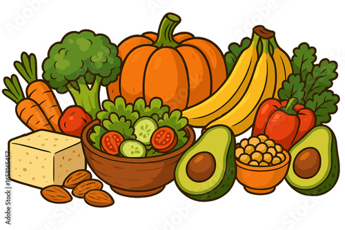 Healthy Vegan Food Collection. Colorful Vector Cartoons of Fresh Vegetables, Fruit, Tofu, Avocado, Nuts, Salad, Broccoli, Pumpkin, Bananas. Plant-Based Diet Ingredients on Transparent Background