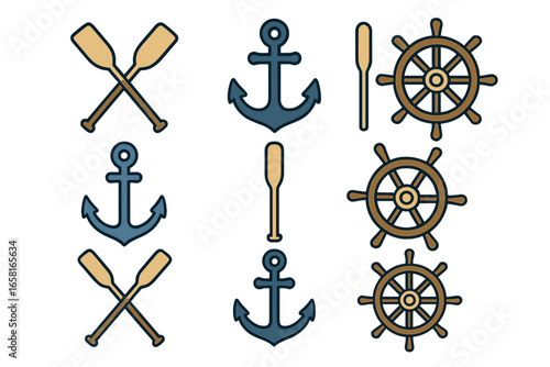 Nautical themed vector illustration set with marine icons featuring crossed oars, anchors, ship helms, minimalist cartoon style, ocean travel accessories, maritime transport, transparent background