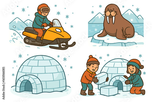 Snowy Arctic winter activities vector. Snowmobile riding, walrus encounter, building igloo, cold landscape, snowflakes, family, adventure, ice, fun, outdoor cartoon illustration, wilderness journey