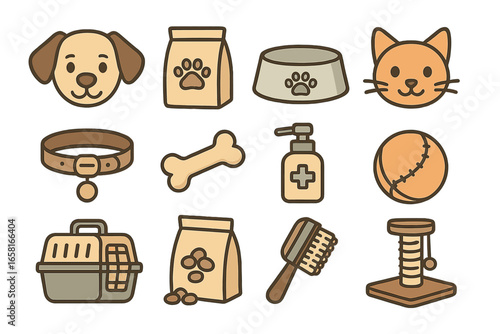 Essential pet care vector icons for dogs and cats, minimalist cartoon illustration set. Animal food, bowl, carrier, collar, bone, ball, grooming, health care, scratching post. Transparent background.