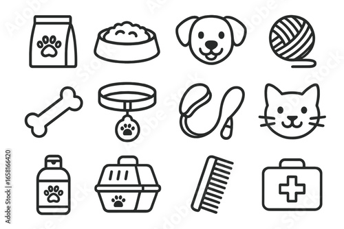 Minimalist Pet Care Essentials Icons Set for Dog and Cat Owners. Vector Cartoon Illustration of Food, Toys, Collar, Leash, Grooming, Carrier, First Aid, Bone, Bowl, Supply Items for Pets.