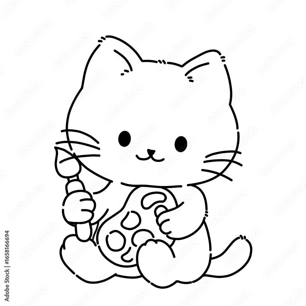 Fototapeta premium Cartoon artists cat vector line art outline illustration.