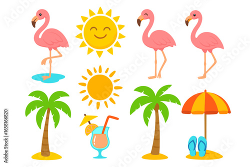 Vibrant summer beach vector icon set with flamingos, palm trees, sun, umbrella, cocktail, flip flops, tropical vacation elements. Cartoon illustration for coastal designs, holiday, travel concepts.