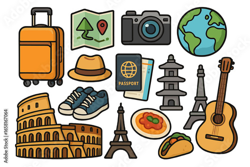 International travel essentials, famous landmarks, world cuisine, adventure gear, passport, camera, shoes, suitcase, map, hat. Cartoon vector icons for global tourism, leisure, vacation concept.