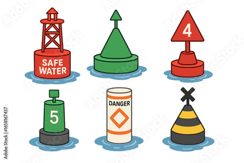 Set of navigational buoys and sea marks. Aids to navigation for maritime safety. Channel markers for boats and ships. Vector icon collection of nautical safety symbols. IALA.