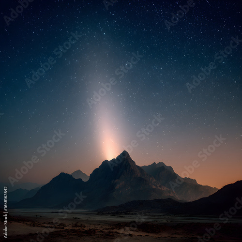 Faint Zodiacal Light Beam above Silhouetted Mountain Range at Night, natural object cutout, soft shadow, isolated on white background