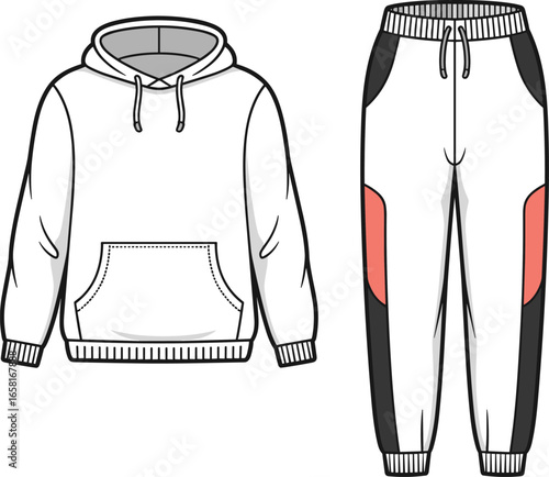 White hoodie and sweatpants with black and coral accents tracksuit apparel