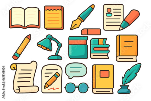 Set of reading and writing flat icons. Colorful cartoon collection of literary tools. Vector illustration of book, pen, pencil, scroll, and lamp for education or stationery.