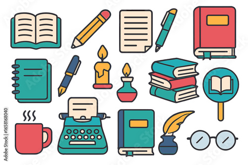Writing and reading icon set. Vector collection of literary tools: typewriter, book, quill, pen. Flat design for author, library, education, and literature concepts. Cartoon style.