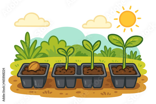 Seedling growth stages vector illustration, botanical garden development, cartoon seedlings sprouting in plant cell trays, gardening concept, outdoor sunny landscape, nature farming process
