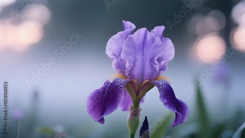A vibrant purple iris flower with delicate petals and a soft, blurred background.