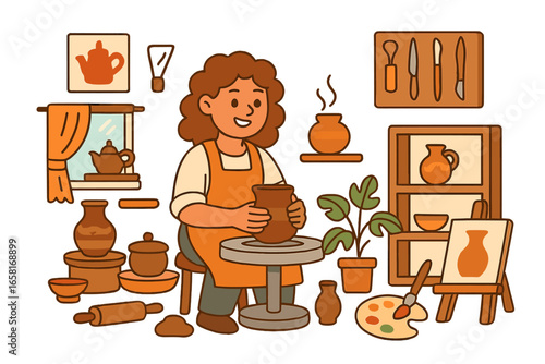 Woman making ceramic pot on pottery wheel in workshop. Artisan character crafting clay vase. Handmade craft hobby and creative process. Flat cartoon vector art studio set.