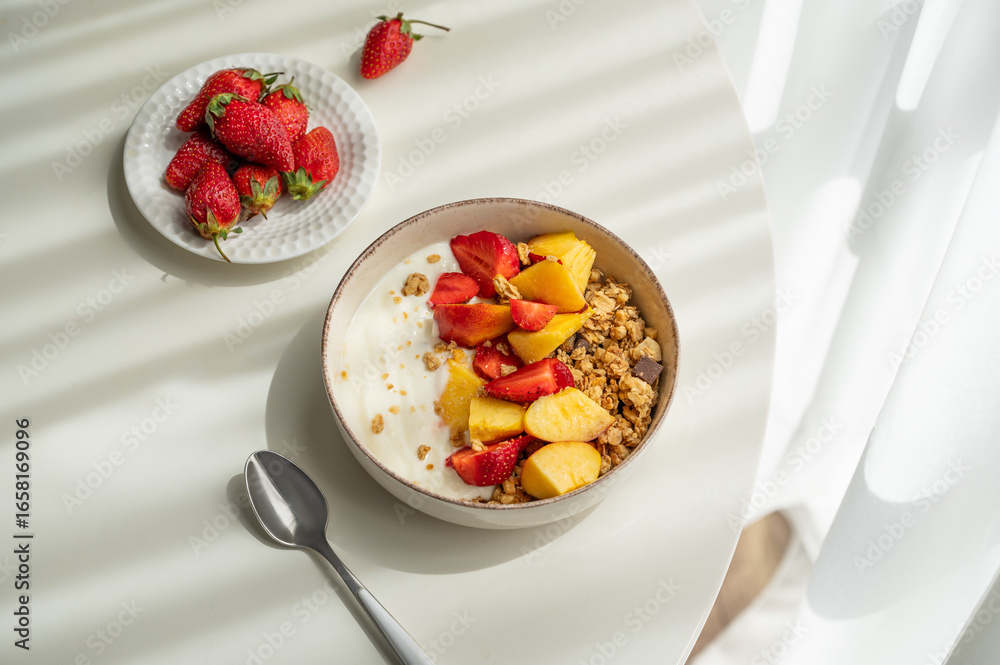 Granola or muesli with natural greek yogurt, strawberry and peach in a bowl on a white table near window Granola or muesli with natural greek yogurt, strawberry and peach in a bowl on a white table near window