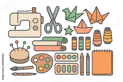 Creative sewing machine, scissors, origami, art supplies, fabric rolls, thread spools, crafts tools, and sketchpad in minimalist cartoon vector style for craft and hobby enthusiasts