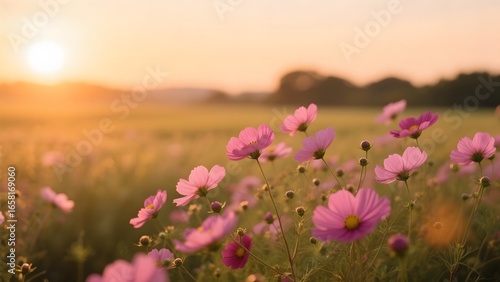 Field of Pink Cosmos Flowers at Sunset