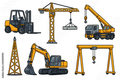Heavy Construction Machinery Vector Set. Cartoon Style Industrial Equipment for Lifting, Excavation, Material Handling, Forklift, Cranes, Diggers, Gantry, Tower, Mobile Crane. Engineering Illustration