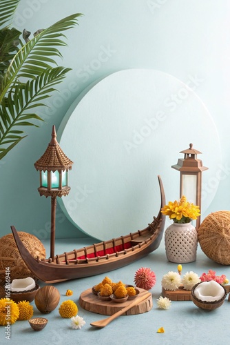 Onam Festival Celebrations Traditional Boat Decor Festive Flowers And Coconuts In A Serene Setting