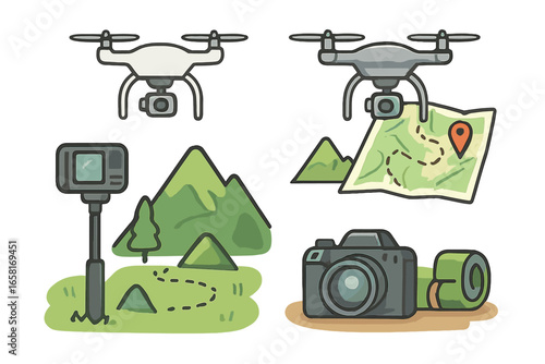 Drone aerial photography and mapping for outdoor adventure. Vector cartoon illustration of camera drone, action camera, digital camera, camping gear, nature trail map, mountain landscape