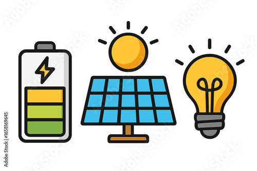 Renewable energy sources concept with solar panel, sun, battery storage, and light bulb. Green power, sustainability, and ecology. Vector illustration for clean electricity generation.