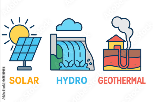 Renewable energy sources vector illustration. Solar power panel, hydroelectric dam, geothermal energy plant. Clean electricity generation. Eco-friendly technology. Colorful cartoon graphic design.