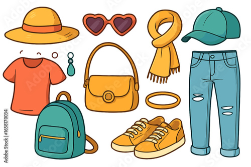 Fashion accessories and clothing items in vibrant cartoon vector style, casual wear outfit, seasonal trends, stylish essentials, hat, shoes, jeans, bag, scarf, sunglasses, backpack, jewelry
