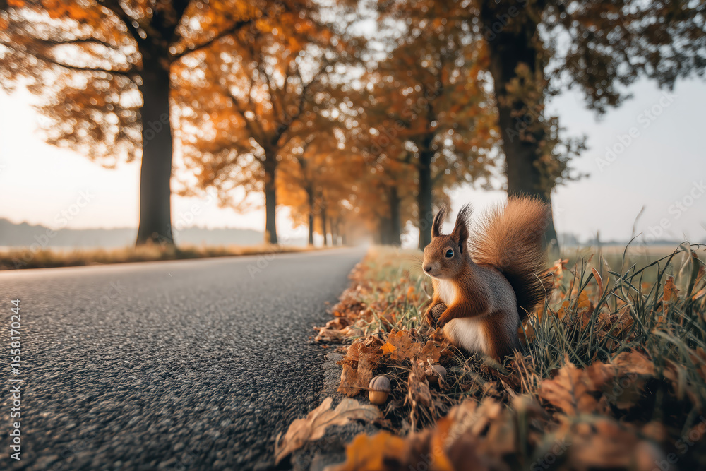 Fototapeta premium Cute red squirrel foraging on the ground beside an autumn road.
