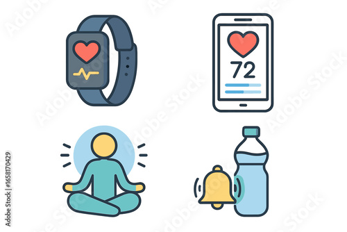 Health and Wellness Essentials, Fitness Tracker, Mobile App Heart Rate Monitor, Meditation Icon, Hydration Reminder Vector Illustration. Healthy Lifestyle, Fitness, Self Care Concept.