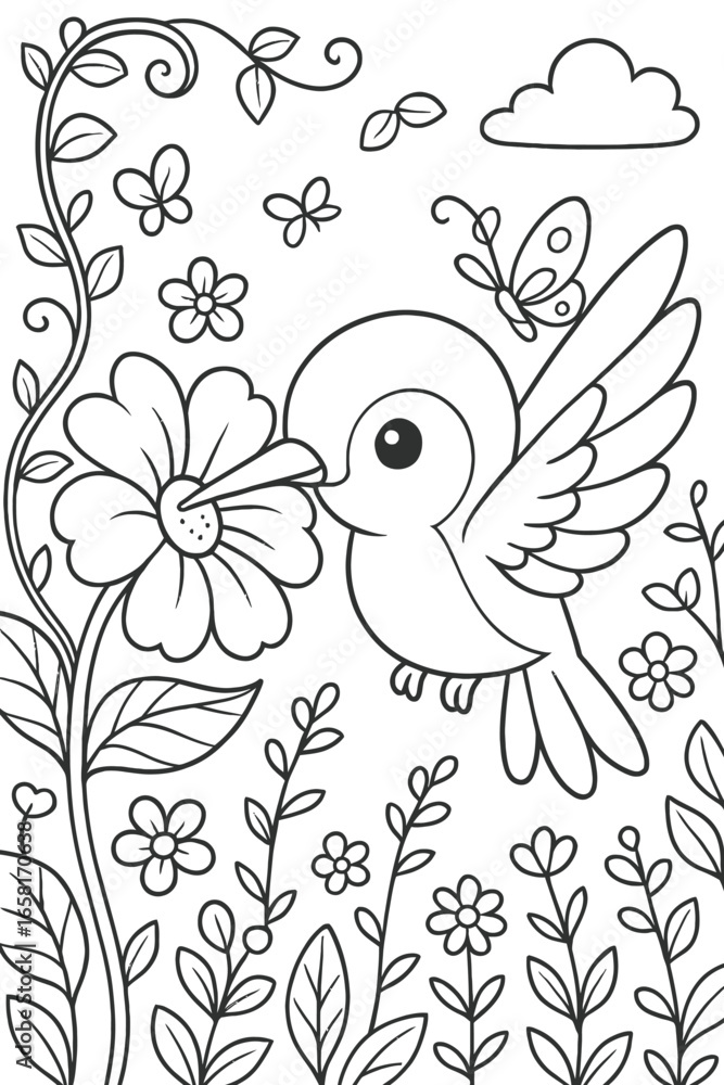 Obraz premium Cute hummingbird feeding nectar from flower in garden vector illustration