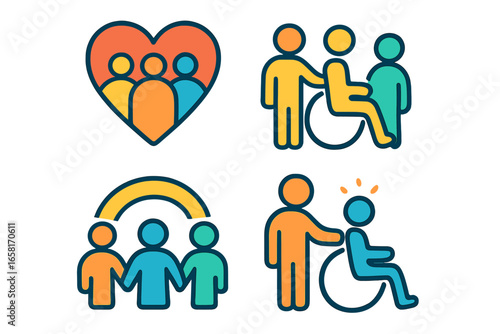 Vibrant vector cartoon icons representing inclusivity, community, support, and diversity for individuals of all abilities, showcasing accessibility and unity in a transparent design