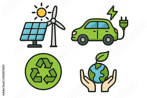 Renewable energy solar panel wind turbine electric car recycling eco earth icons. Sustainable environmental awareness. Clean energy green transport ecology vector illustration transparent background.
