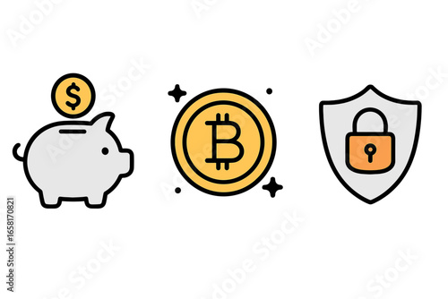 Minimalist vector illustrations of financial concepts including savings, cryptocurrency, digital security, and investment in cartoon style with transparent background for business and finance