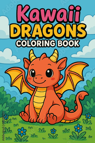 Cute kawaii dragon coloring book cover design with cartoon character art