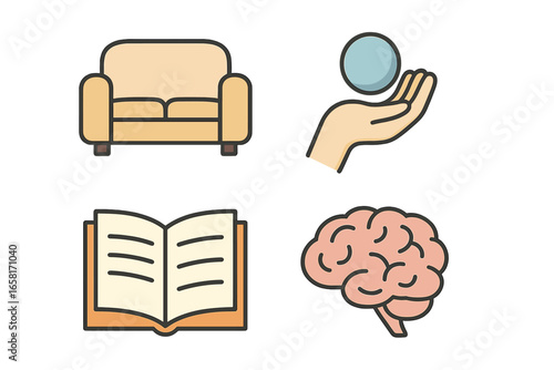 Mental health therapy concept icons. Psychotherapy, counseling, psychiatry, psychology illustration. Couch, helping hand, mindfulness, brain, book, support, treatment. Vector cartoon symbols.