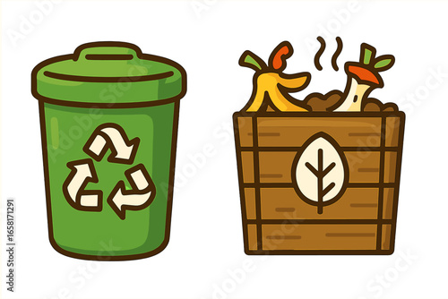 Recycling and composting bin icons. Sustainable, eco-friendly lifestyle concept. Waste sorting for plastic and organic food scraps. Zero waste vector illustration set for ecology.