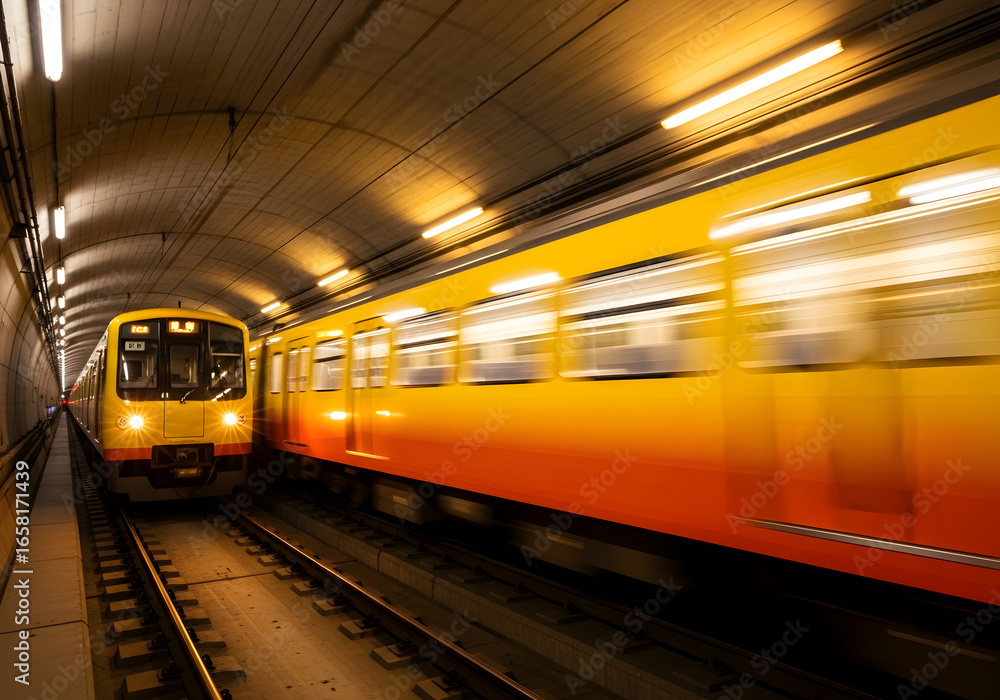 Naklejka premium A train is moving through a tunnel with lights on the side. The train is yellow and orange