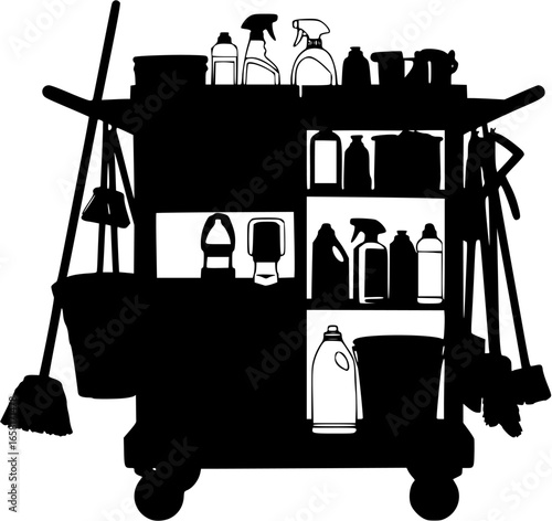 Detailed black vector silhouette of professional janitorial cart stocked with cleaning supplies and equipment
